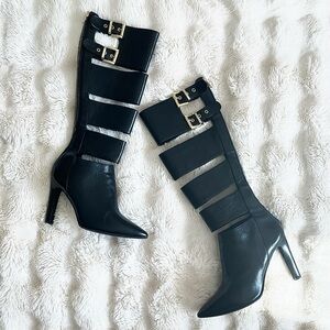 Napoleoni Black Leather Knee High Pointed Toe Heeled Boots Size 37